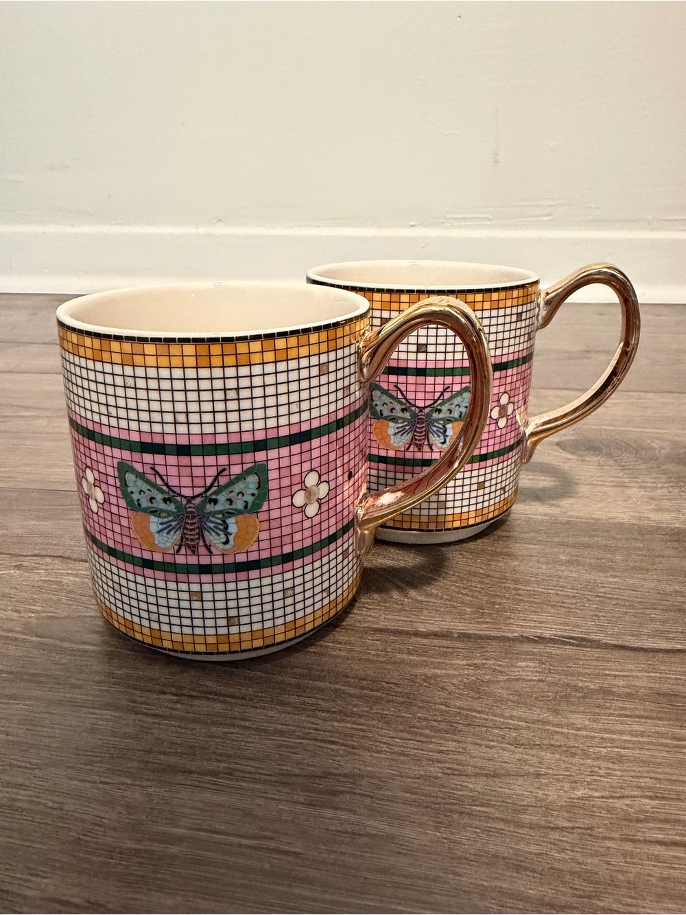 Anthropologie Pink Grid Butterfly Mugs with Gold Handles - Set of 2